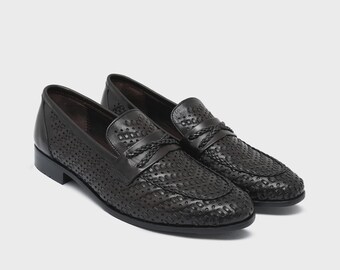 Handmade Black Perforated Penny Loafers Men, Braided Strap Laser Cut Leather Slip On