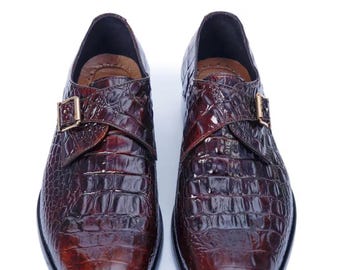 Handmade Brown Alligator Crocodile Leather Single Monk Strap Luxury Slip-On Dress Shoes for Men