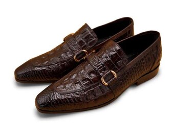 Handmade Genuine Leather Alligator Textured Brown Color Slip On Loafers For Men