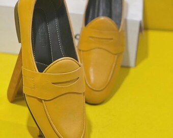 Handmade Mustard Yellow  Leather Loafers Men, Camel Flat Penny  Slip On Shoes
