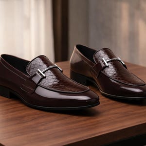 Handmade Burgundy Python Panel Loafers Men, Silver H Bit Glossy Two Tone Slip On