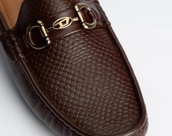 Handmade Brown Python Driving Loafers Men, Antique Gold Bit Snake Texture Moccasin Car Shoe