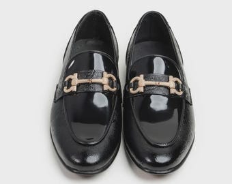Handmade Black Patent Crystal Horsebit Loafers Men, Rose Gold Rhinestone Bit Glossy Slip On
