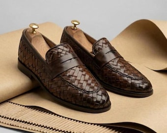 Handmade Woven Leather Penny Loafers Men, Dark Brown Basket Weave Dress Shoes