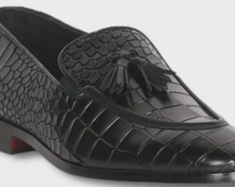 Handmade Black Crocodile Leather Loafers:| Luxury Tassel Slip-On Shoes for Men