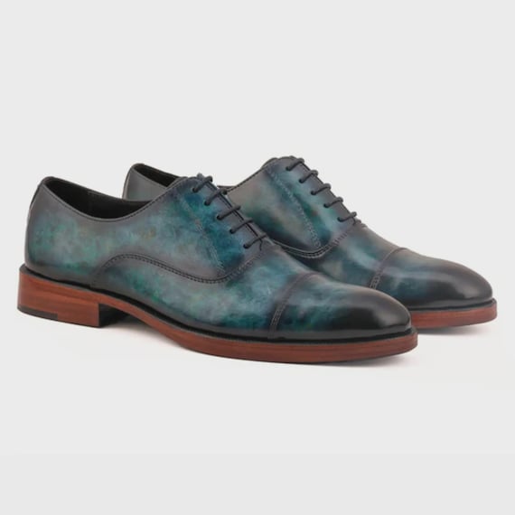 Men's Blue Patina Oxford Shoes, Handmade Leather Cap Toe Formal Wedding Office Dress Shoes
