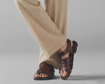 Men Brown Leather Sandals, Handmade Summer Sandals, Beach Walking Footwear