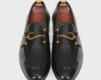 Handmade Black Leather Loafers, Gold Bit Hardware, Textured Calfskin Men's Formal Shoes
