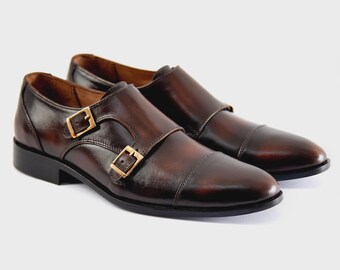Handmade Men's Double Monk Strap Shoes, Gold Buckle Cap Toe Leather Dress Shoe