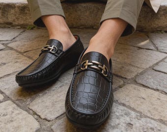 Handmade Black Croc Driving Loafers Men, Gold Bit Embossed Moccasin Leather Car Shoe