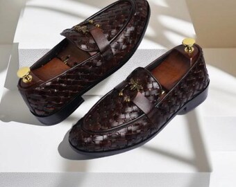 Handmade Woven Leather Loafers Men, Antique Gold Bee Charm Slip On
