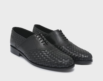 Men's Black Woven Oxford Shoes, Handmade Braided Leather Luxury Lace Up Formal Dress Shoes