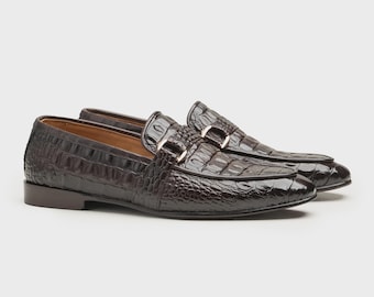 Handmade Brown Croc Horsebit Loafers Men, Rose Gold Bit Glossy Embossed Slip On