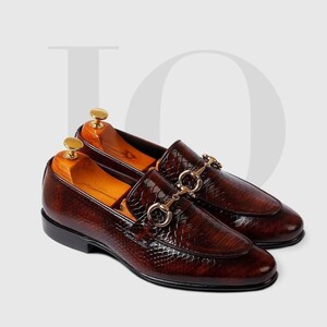 Handmade Brown Fish Scale Horsebit Loafers Men, Gold Bit Python Texture Patina Slip On