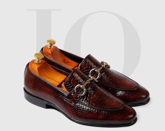 Handmade Brown Fish Scale Horsebit Loafers Men, Gold Bit Python Texture Patina Slip On