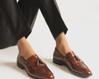 Handmade Brown Brogue Tassel Loafers Men, Kiltie Fringe Leather Wingtip Slip On Shoes