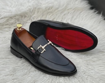 Handmade Black  Horsebit Loafers Men, Italian Style Leather Slip On Dress Shoes,