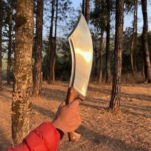 May include: A large, curved blade knife with a polished, reflective surface. The handle is made of dark wood. The knife is held against a backdrop of trees and sunlight.