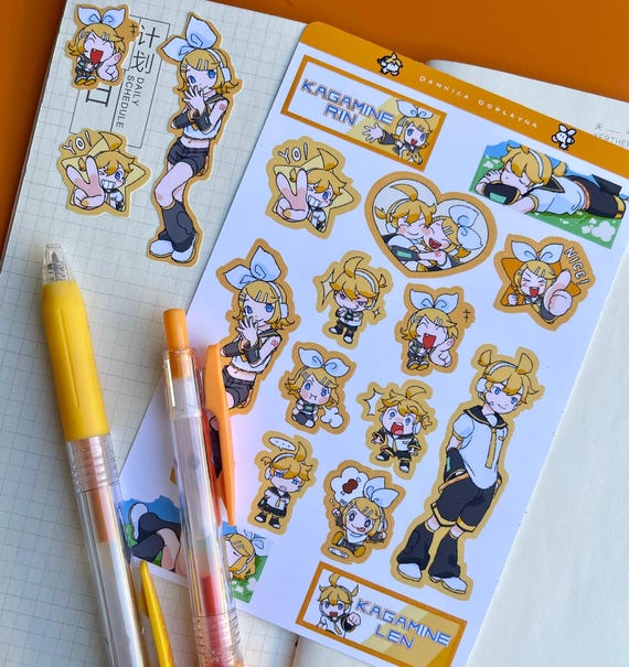 rin and len kagamine sticker sheet | 4x6" matte vinyl paper planner deco