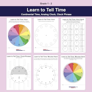 May include: Educational worksheets for grades 1-2, teaching time-telling skills. The image features various clock diagrams, including analog clocks, clock faces, and exercises for hours and minutes. Colorful charts and diagrams are included.