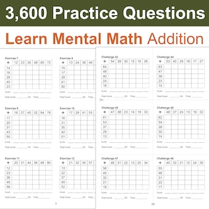 May include: A workbook page with mental math addition exercises. The page includes various challenges with spaces for answers, designed for educational purposes, promoting mental arithmetic skills.