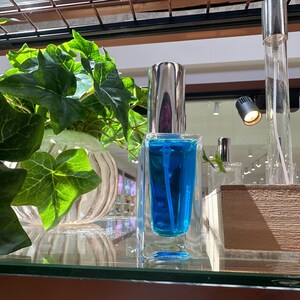 May include: A clear glass perfume bottle with a silver cap, filled with bright blue liquid. The bottle is displayed on a glass shelf, with green foliage in the background. Other perfume bottles are also visible.