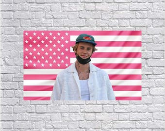 Justin Bieber Pink American Flag Tapestry – Pop Star Wall Art | Music Aesthetic Decor | Celebrity Fan Flag | Dorm Room Decor