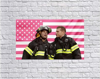 Buck & Eddie Pink American Flag Tapestry – 911 Buddie Wall Art | Firefighter Aesthetic Decor | TV Show Fan Flag | Dorm Room Decor