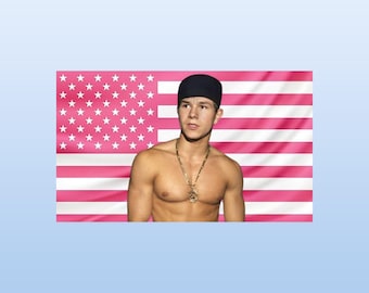 Young Mark Wahlberg Pink American Flag Tapestry – 90s Calvin Klein Era Wall Decor | Vintage Model Aesthetic Room Banner