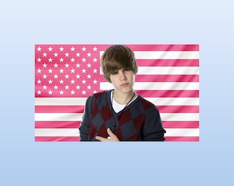 Tapiz rosa con la bandera estadounidense del joven Justin Bieber: decoración de pared de estrella pop Y2K, pancarta para habitación de ídolo adolescente de la década de 2010, bandera estética para dormitorio