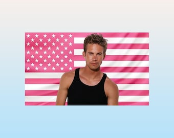 Young Paul Walker Pink American Flag Tapestry – Fast & Furious Actor Wall Flag | 90s Movie Star Banner | Aesthetic Pink Dorm Decor