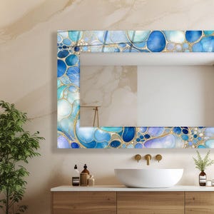 Bathroom Wall Mirror – Blue Gold Bubble Pattern Tempered Glass Vanity Decor