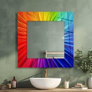 Bathroom Wall Mirror – Rainbow Geometric Tempered Glass Modern Vanity Decor