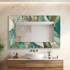 Bathroom Entryway Wall Mirror – Sage Green Abstract Tempered Glass Vanity Decor