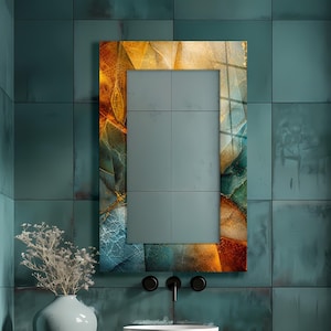 Bathroom Wall Mirror – Teal Amber Gold Geometric Tempered Glass Modern Vanity Decor
