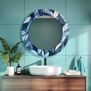Luxury Blue Floral Tempered Glass Round Wall Mirror Decor: Decorative Bathroom Vanity Mirror