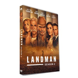 May include: DVD case for "Landman Season 2" featuring a cast of actors. The cover has a sepia-toned landscape with the title "Landman" in large white letters. The DVD case also displays the names of the actors.
