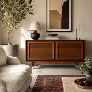 May include: A wooden sideboard with two cabinet doors and tapered legs, topped with a black lamp, a small bowl, two books, and two tall candlesticks. Above the sideboard hangs a framed abstract print with beige, brown, and black shapes.