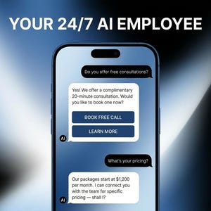 Peut inclure: Un écran de smartphone affiche une interface de chat avec le texte "YOUR 24/7 AI EMPLOYEE". Le chat comprend des questions sur les consultations gratuites et les prix, avec des options pour réserver un appel gratuit ou en savoir plus. Le fond est un dégradé de bleus.