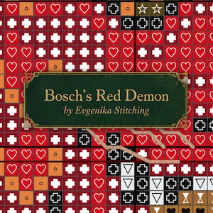 Pode incluir: Um padr&atilde;o de ponto cruz com uma grade de quadrados vermelhos, laranjas e pretos com s&iacute;mbolos que incluem cora&ccedil;&otilde;es, cruzes, estrelas e tri&acirc;ngulos. Uma etiqueta retangular verde central exibe o texto Bosch's Red Demon by Evgenika Stitching.