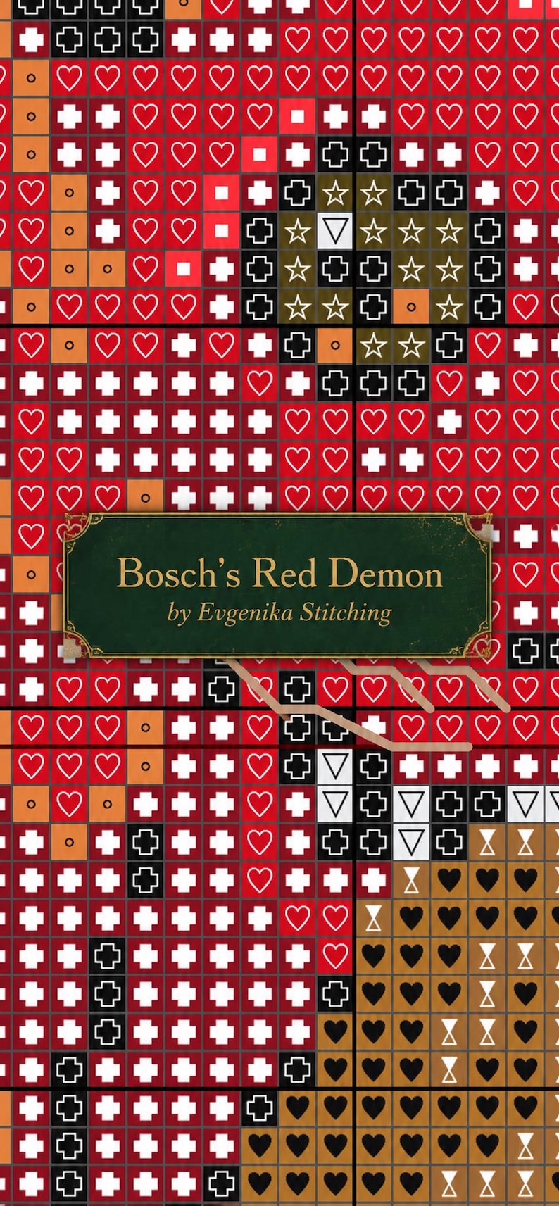 Pode incluir: Um padr&atilde;o de ponto cruz com uma grade de quadrados vermelhos, laranjas e pretos com s&iacute;mbolos que incluem cora&ccedil;&otilde;es, cruzes, estrelas e tri&acirc;ngulos. Uma etiqueta retangular verde central exibe o texto Bosch's Red Demon by Evgenika Stitching.