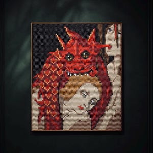 Pode incluir: Uma obra de arte em mosaico emoldurada apresentando uma criatura vermelha semelhante a um drag&atilde;o com escamas texturizadas e olhos grandes acima de uma pessoa de pele clara e cabelo loiro, contra um fundo escuro com uma grade de elementos.