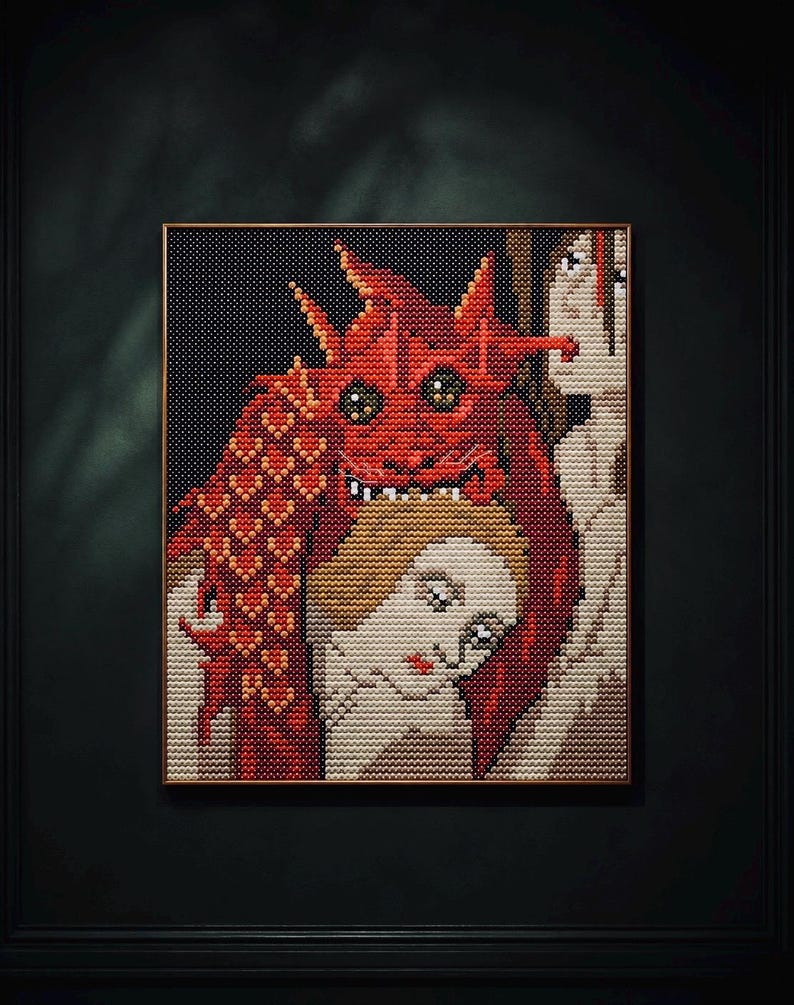 Pode incluir: Uma obra de arte em mosaico emoldurada apresentando uma criatura vermelha semelhante a um drag&atilde;o com escamas texturizadas e olhos grandes acima de uma pessoa de pele clara e cabelo loiro, contra um fundo escuro com uma grade de elementos.