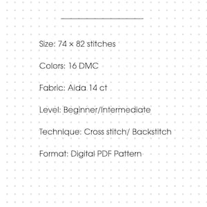 Pode incluir: Um padr&atilde;o digital de ponto cruz em PDF intitulado Bosch's Red Demon da Evgenika Stitching. O documento especifica um tamanho de 74 por 82 pontos, 16 cores DMC, tecido Aida 14 ct, n&iacute;vel iniciante a intermedi&aacute;rio e t&eacute;cnica de ponto cruz.
