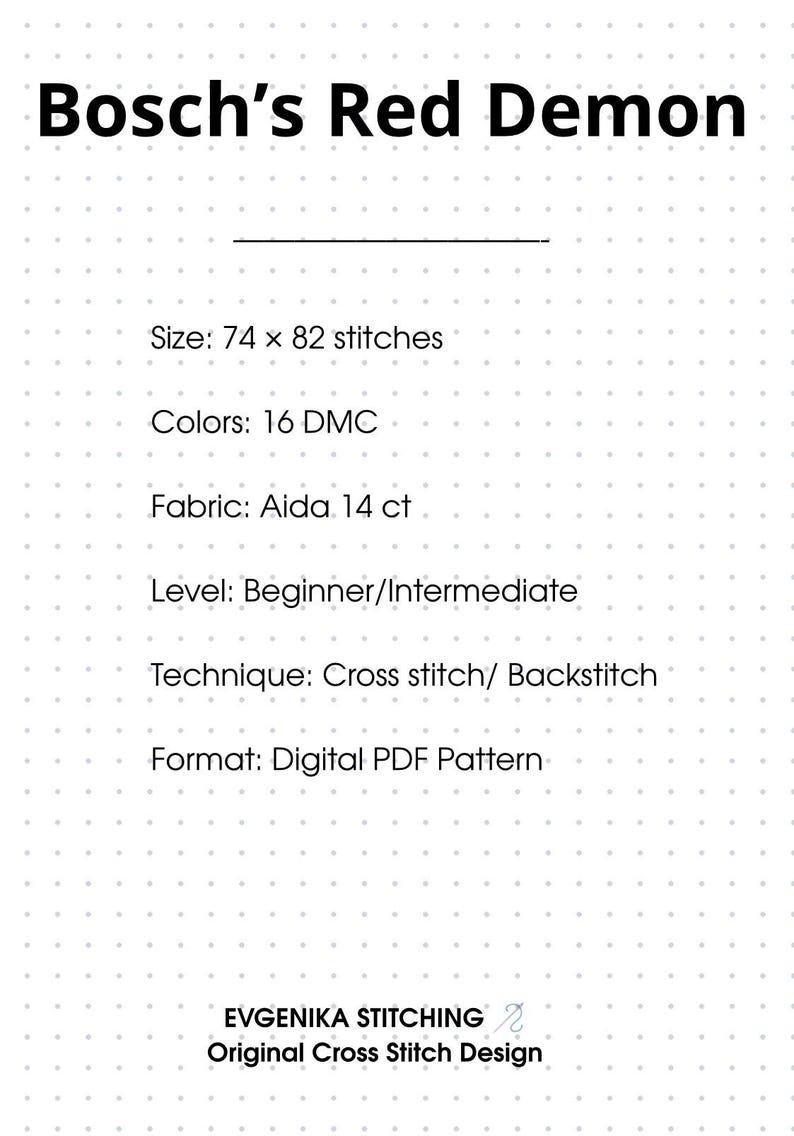 Pode incluir: Um padr&atilde;o digital de ponto cruz em PDF intitulado Bosch's Red Demon da Evgenika Stitching. O documento especifica um tamanho de 74 por 82 pontos, 16 cores DMC, tecido Aida 14 ct, n&iacute;vel iniciante a intermedi&aacute;rio e t&eacute;cnica de ponto cruz.
