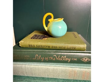 Vintage Miniature Pottery Pitcher Turquoise Yellow Glaze Ceramic Round Creamer