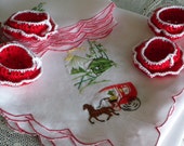 Vintage Hand Embroidered Linen Luncheon or Bridge Cloth Matching Napkins Handmade Crochet Nut Cups