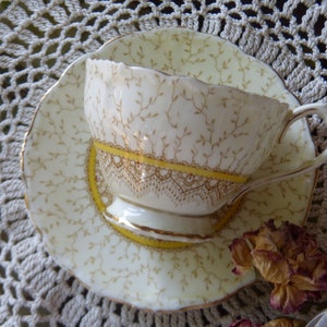 Paragon Fine Bone China By Paragon and By Appointment Circa 1933 ~ Beige and Yellow  Mosaic with Gold Gilt and Scallop Features ~