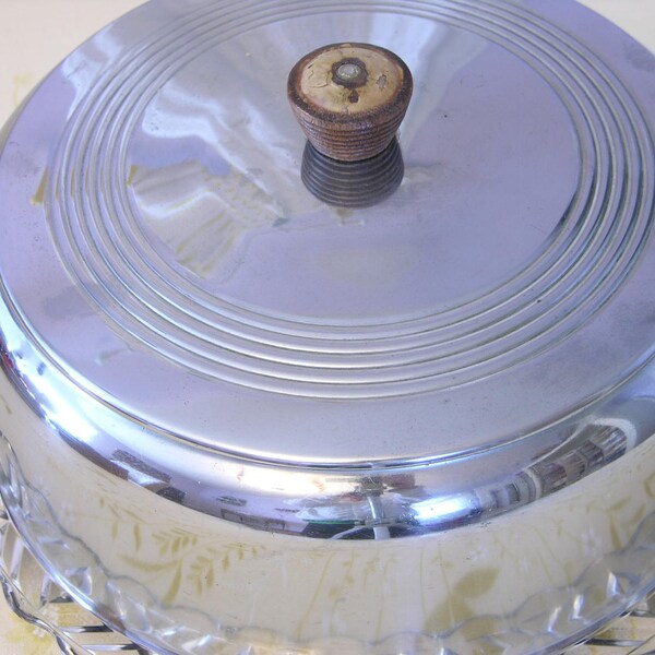 Vintage Chrome and Pressed Glass Covered Cake Plate Saver and Carrier Dome Lid