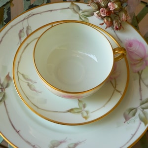 T & V Limoges France ~ Three Piece Tea Set ~ Pink Rose and Leaf with Gilded Gold ~ Home and Living, Kitchen and Dining, Tea Cups  and Sets